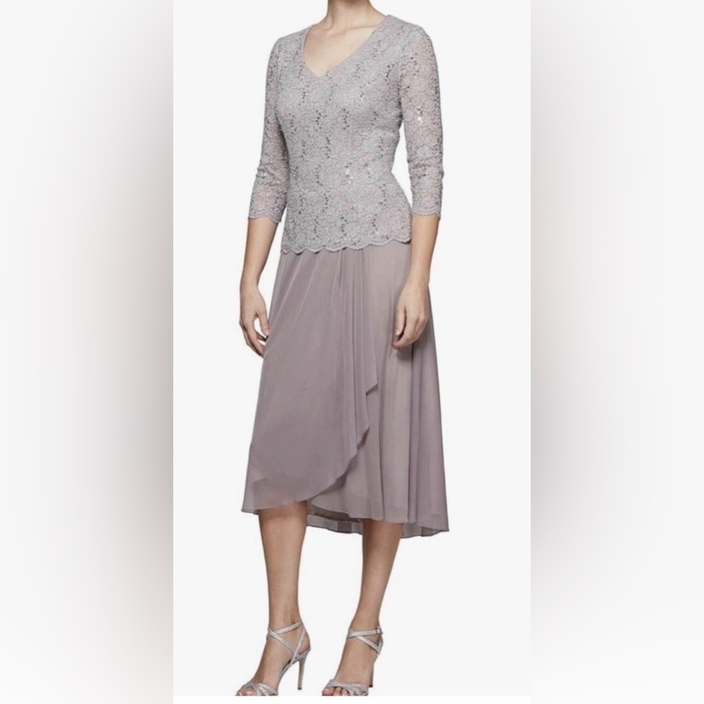 Alex Evenings Sequin Lace Mock Midi Cocktail Dress in a mauve/orchid color.
